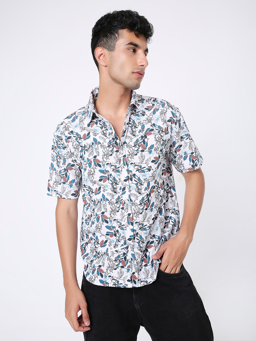 FLORAL PRINTED TEXTURED SHORT SLEEVE SHIRT