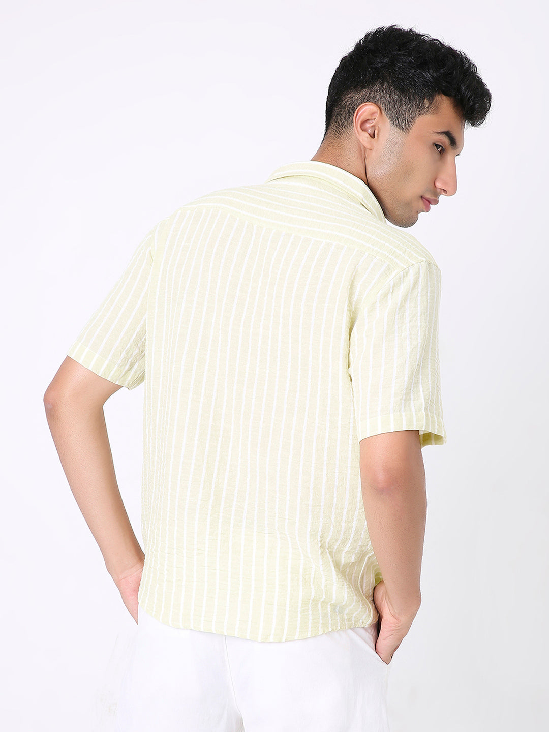 LEMON YELLOW LINEN BLEND STRIPED SHIRT