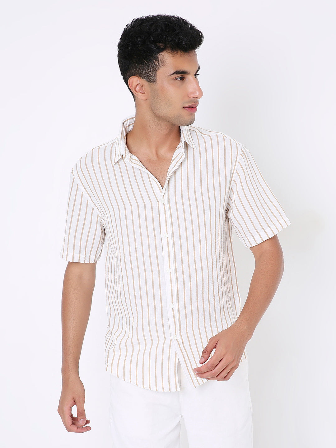 CLASSIC KHAKI LINEN BLEND STRIPED SHIRT