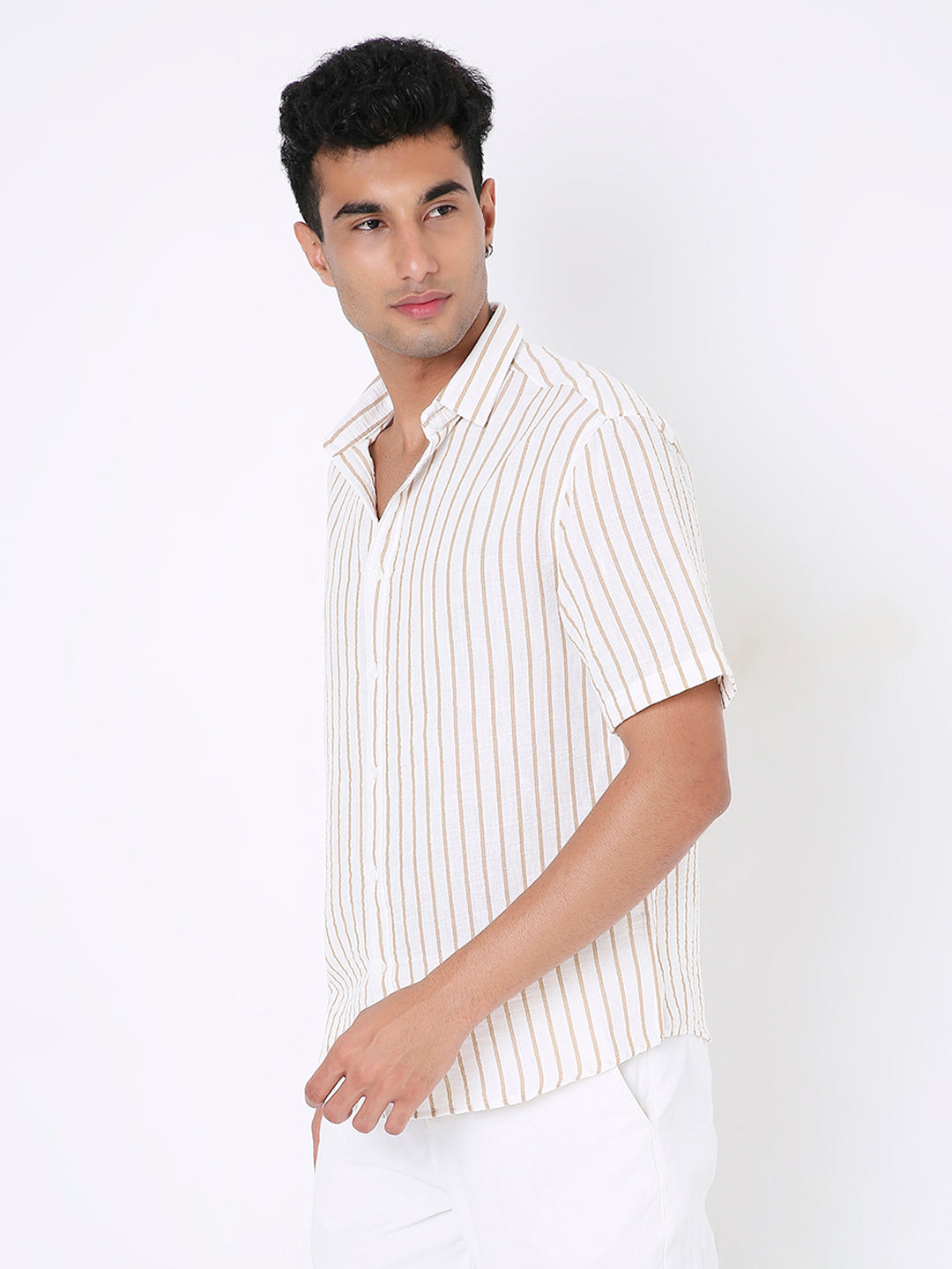 CLASSIC KHAKI LINEN BLEND STRIPED SHIRT