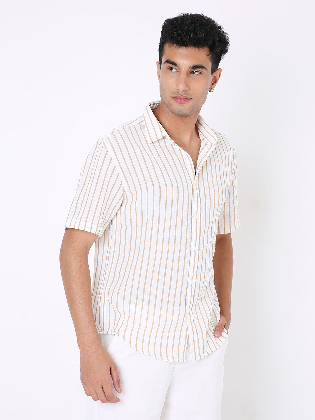 CLASSIC KHAKI LINEN BLEND STRIPED SHIRT