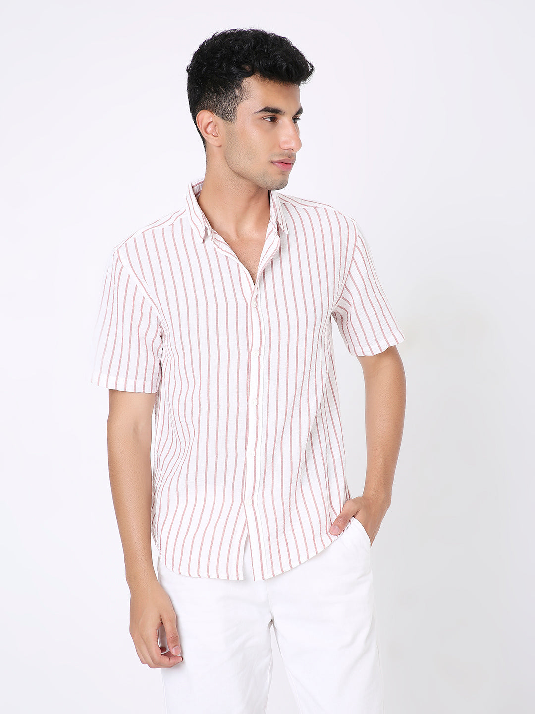 CLASSIC RED LINEN BLEND STRIPED SHIRT