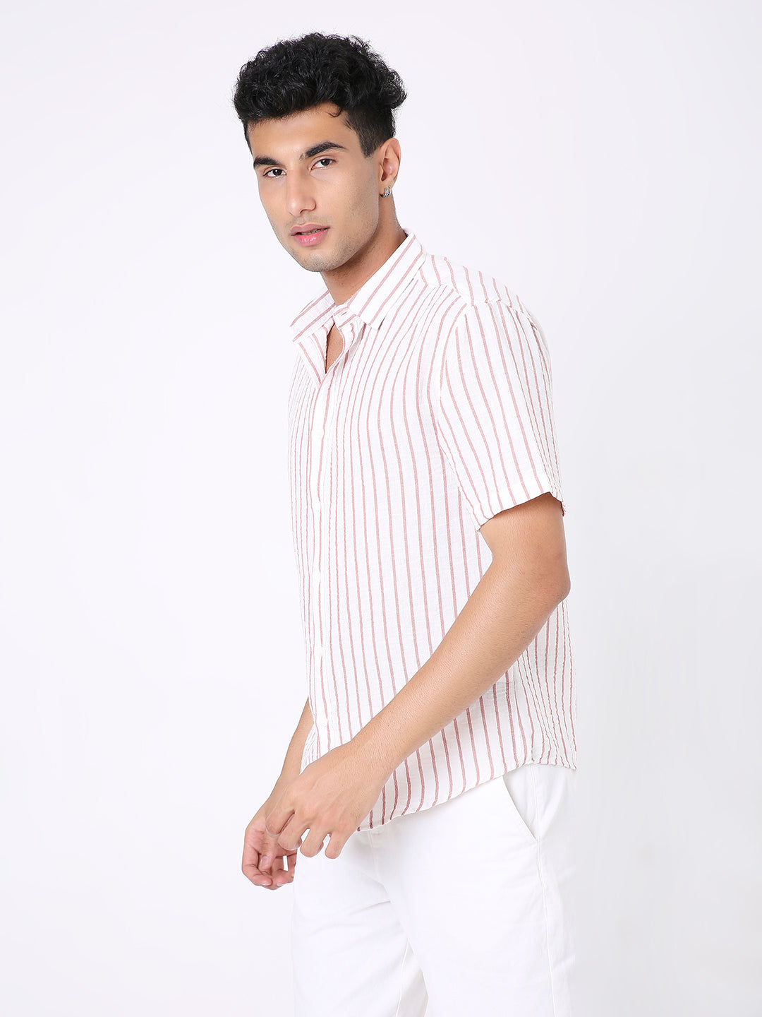 CLASSIC RED LINEN BLEND STRIPED SHIRT