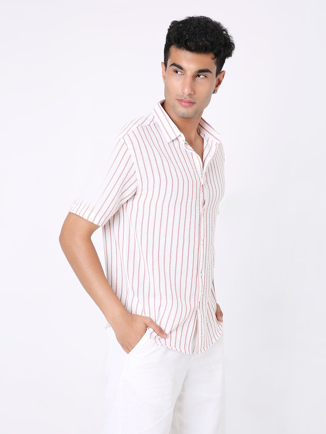CLASSIC RED LINEN BLEND STRIPED SHIRT