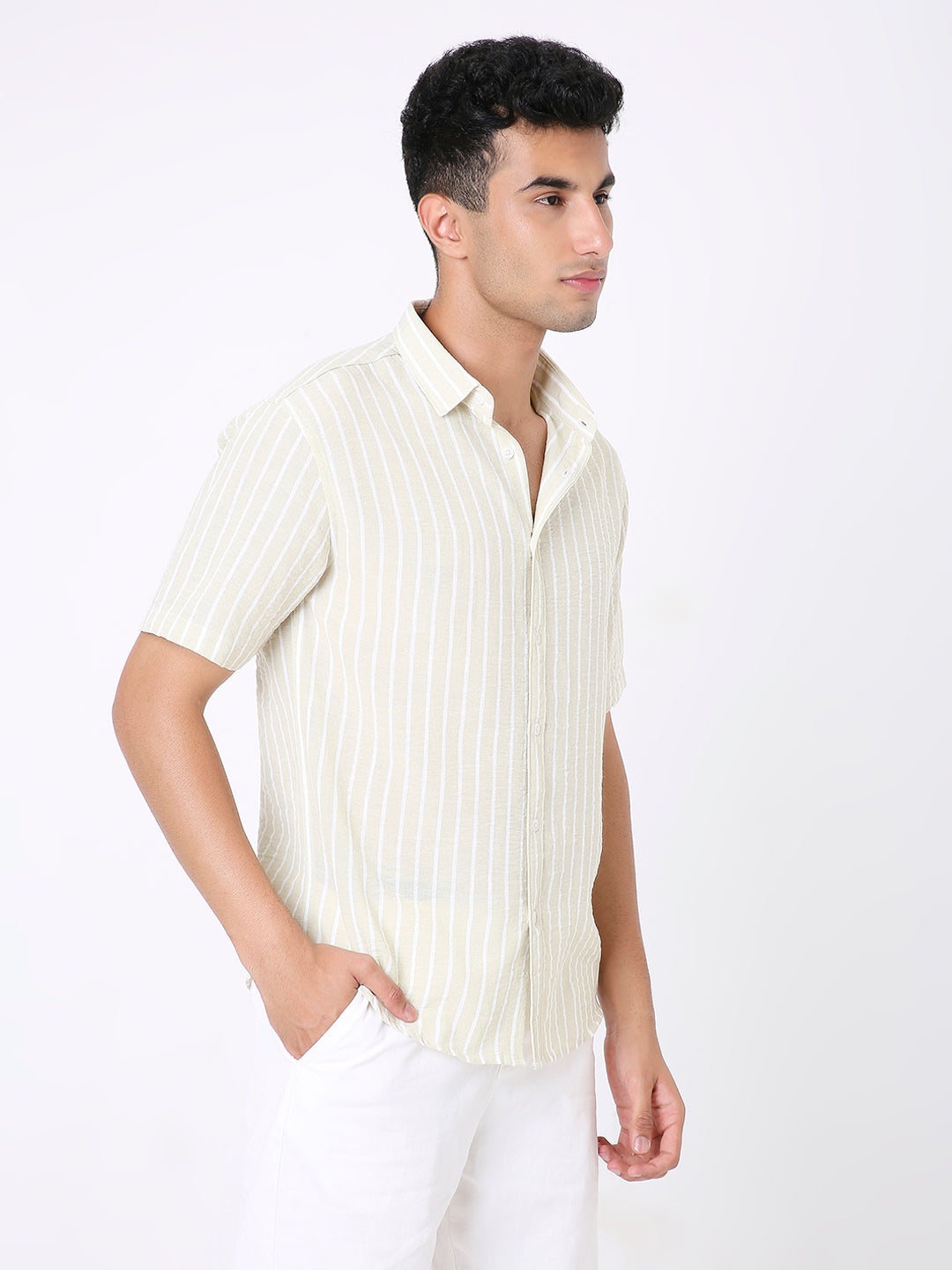 OLIVE LINEN BLEND STRIPED SHIRT