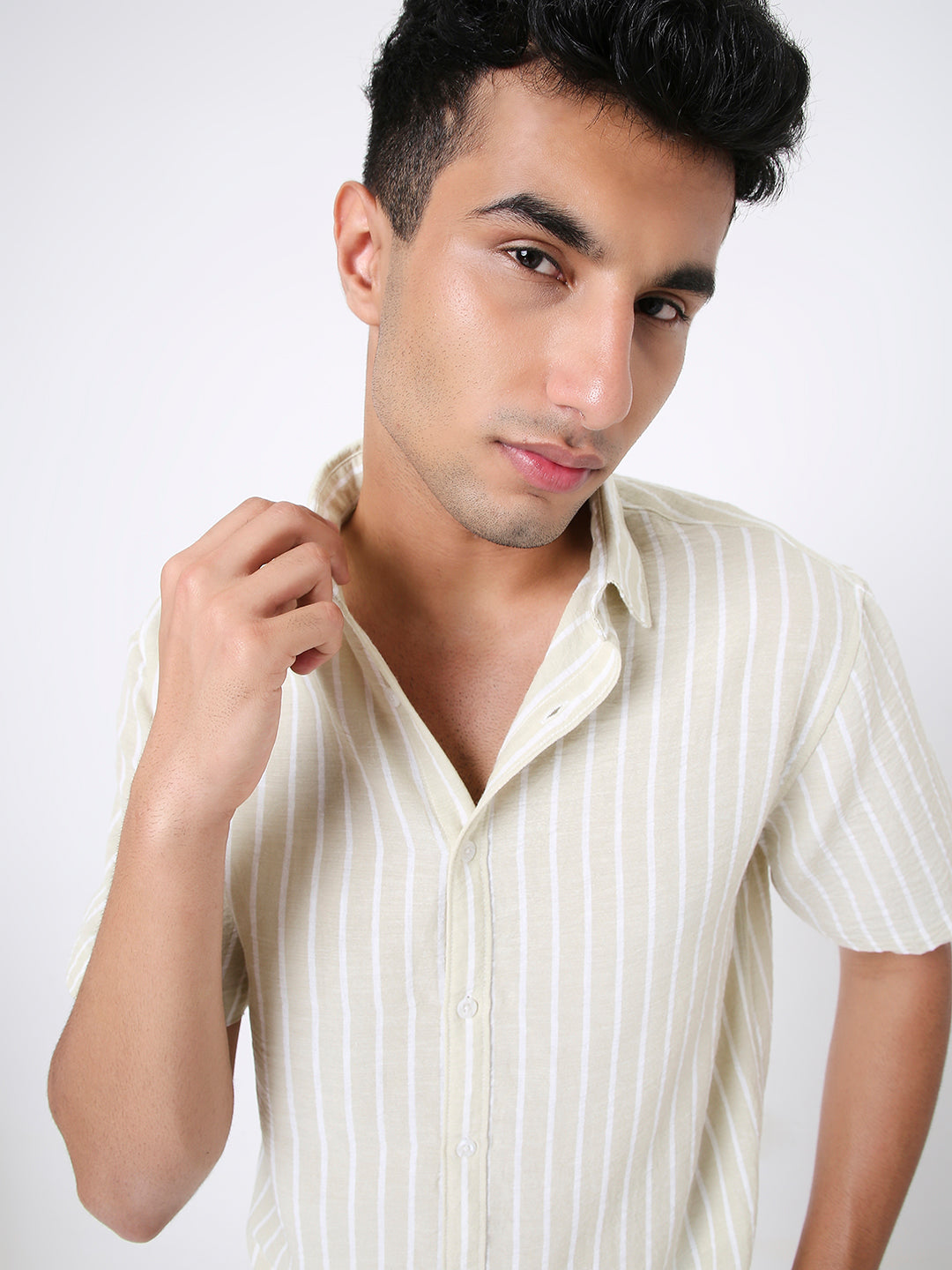 OLIVE LINEN BLEND STRIPED SHIRT