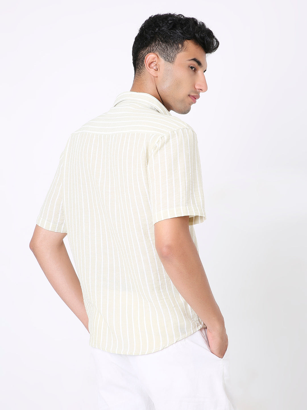 OLIVE LINEN BLEND STRIPED SHIRT