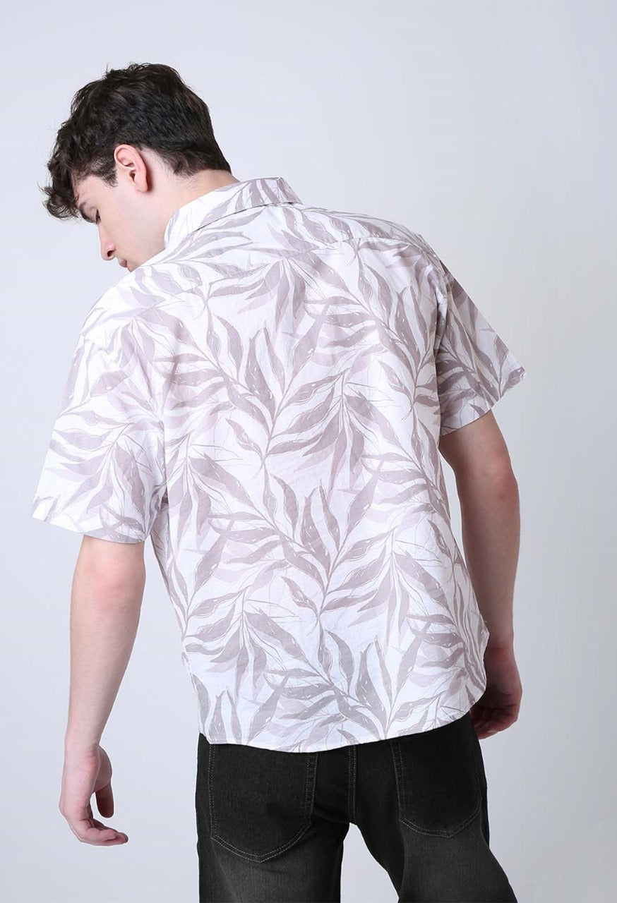LEAF PRINTED LINEN BLEND SHORT SLEEVE CASUAL SHIRT