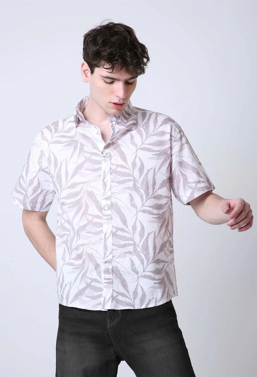LEAF PRINTED LINEN BLEND SHORT SLEEVE CASUAL SHIRT