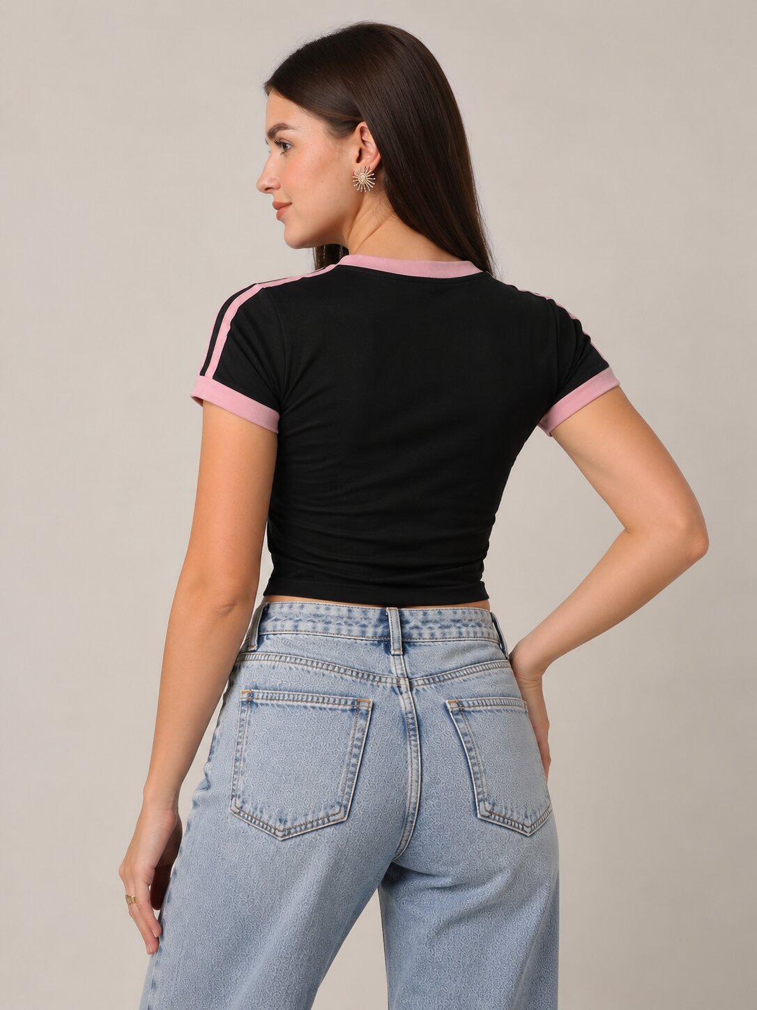 Black Slim Fit T-Shirt with Mauve Contrast Stripes