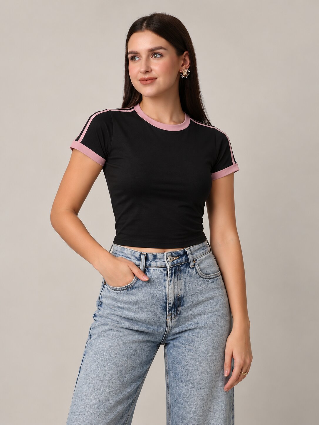Black Slim Fit T-Shirt with Mauve Contrast Stripes