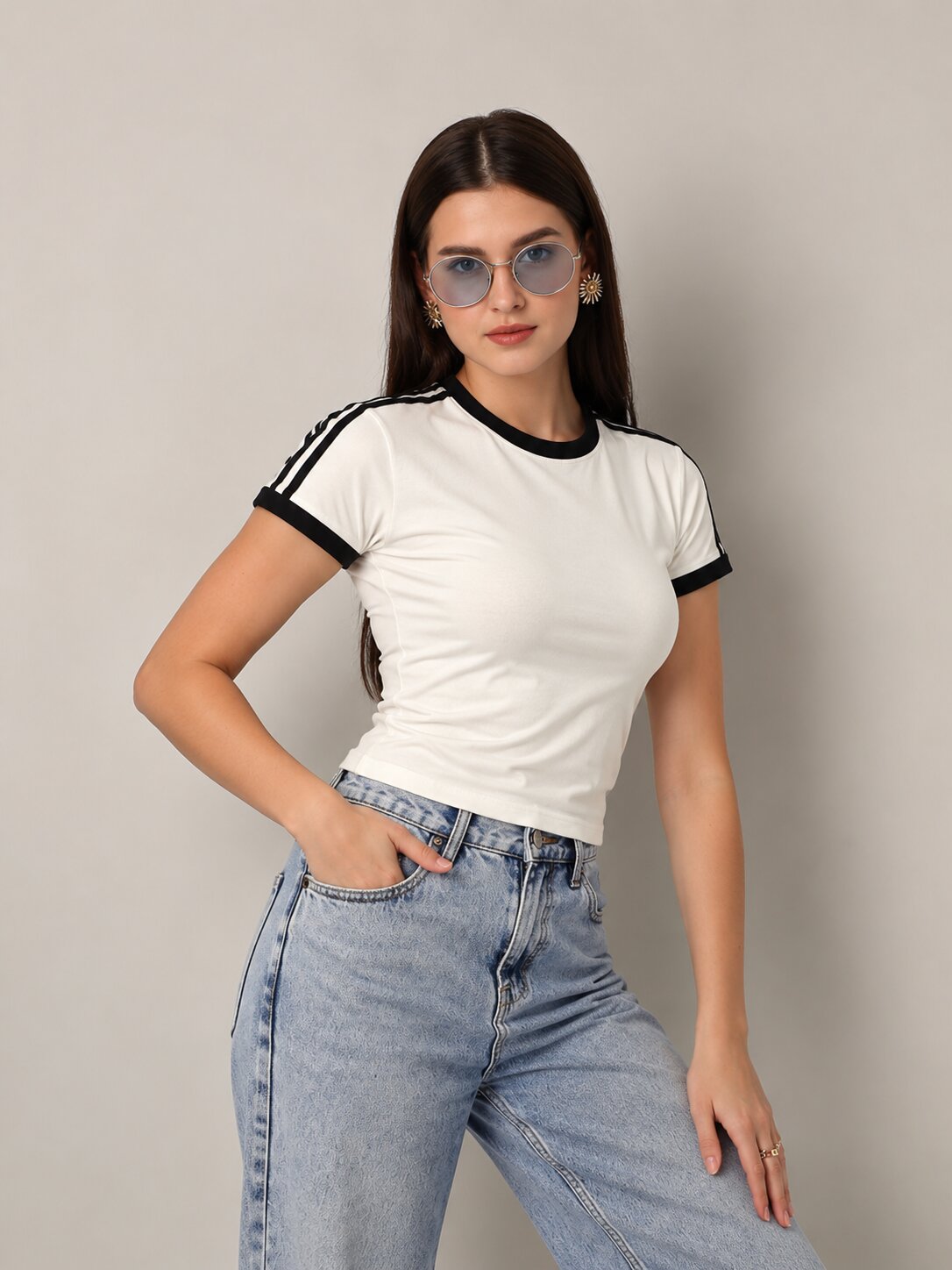 White Slim Fit T-Shirt with Black Contrast Stripes
