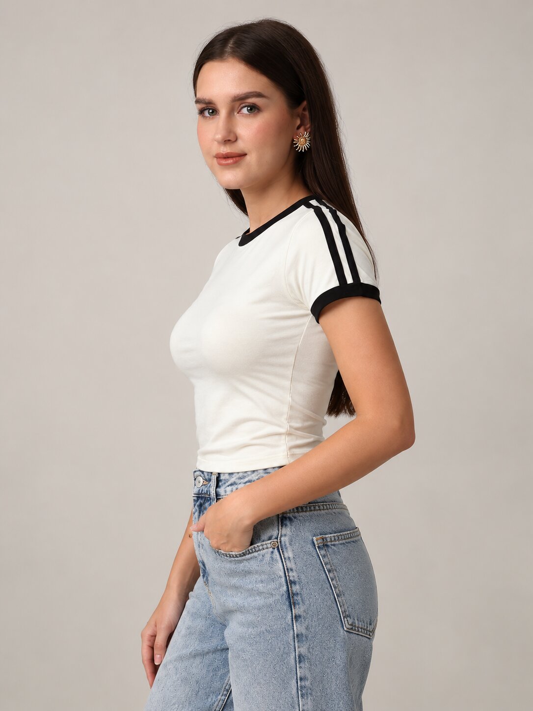 White Slim Fit T-Shirt with Black Contrast Stripes