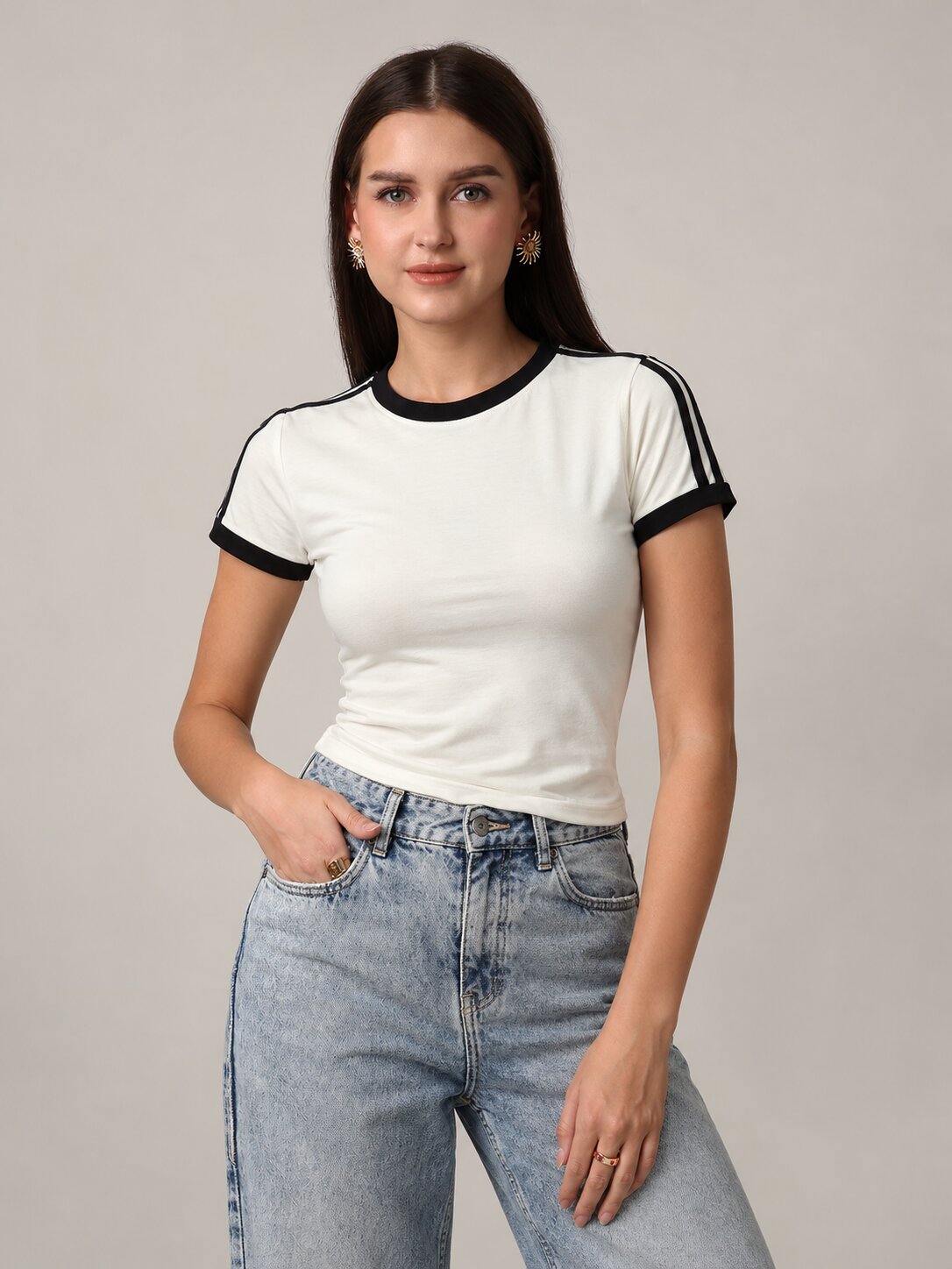 White Slim Fit T-Shirt with Black Contrast Stripes