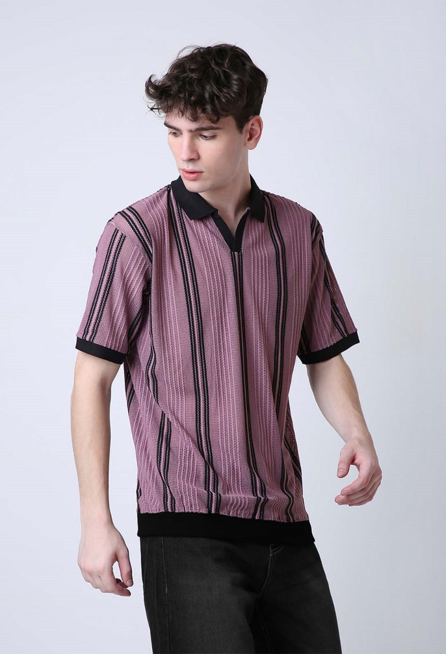 RETRO STYLE TEXTURED POLO COLLAR KNIT T-SHIRT