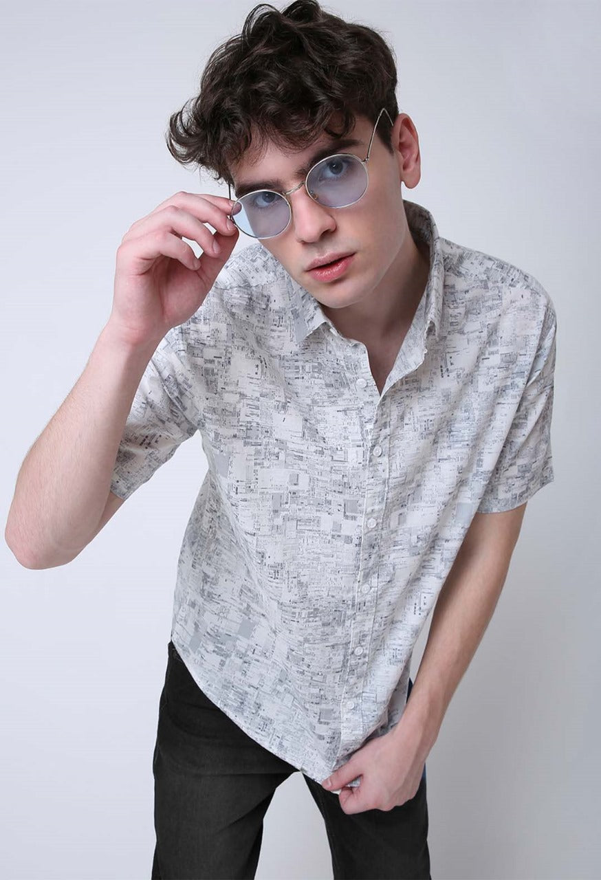 ABSTRACT PRINTED LINEN BLEND SHORT SLEEVE CASUAL SHIRT