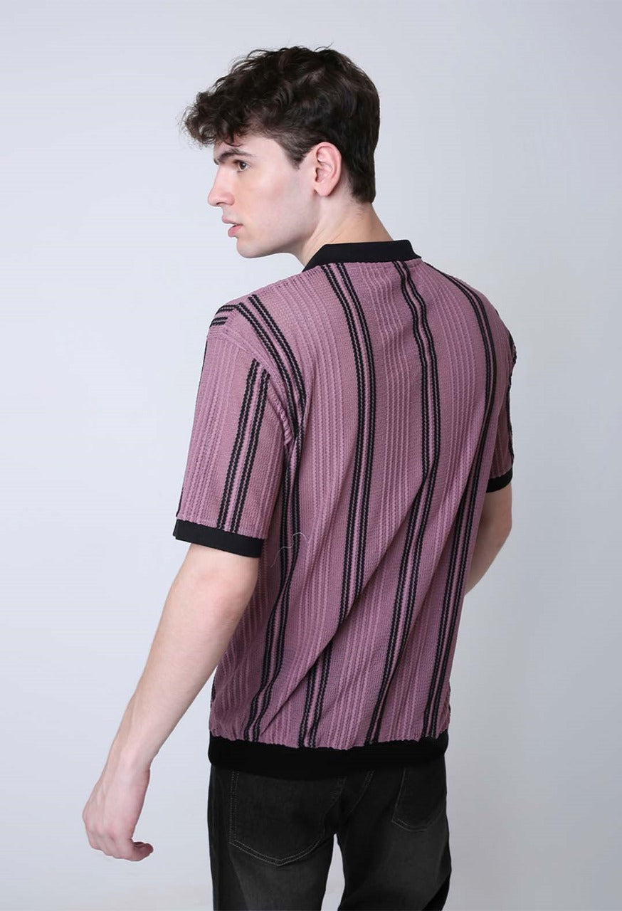 RETRO STYLE TEXTURED POLO COLLAR KNIT T-SHIRT