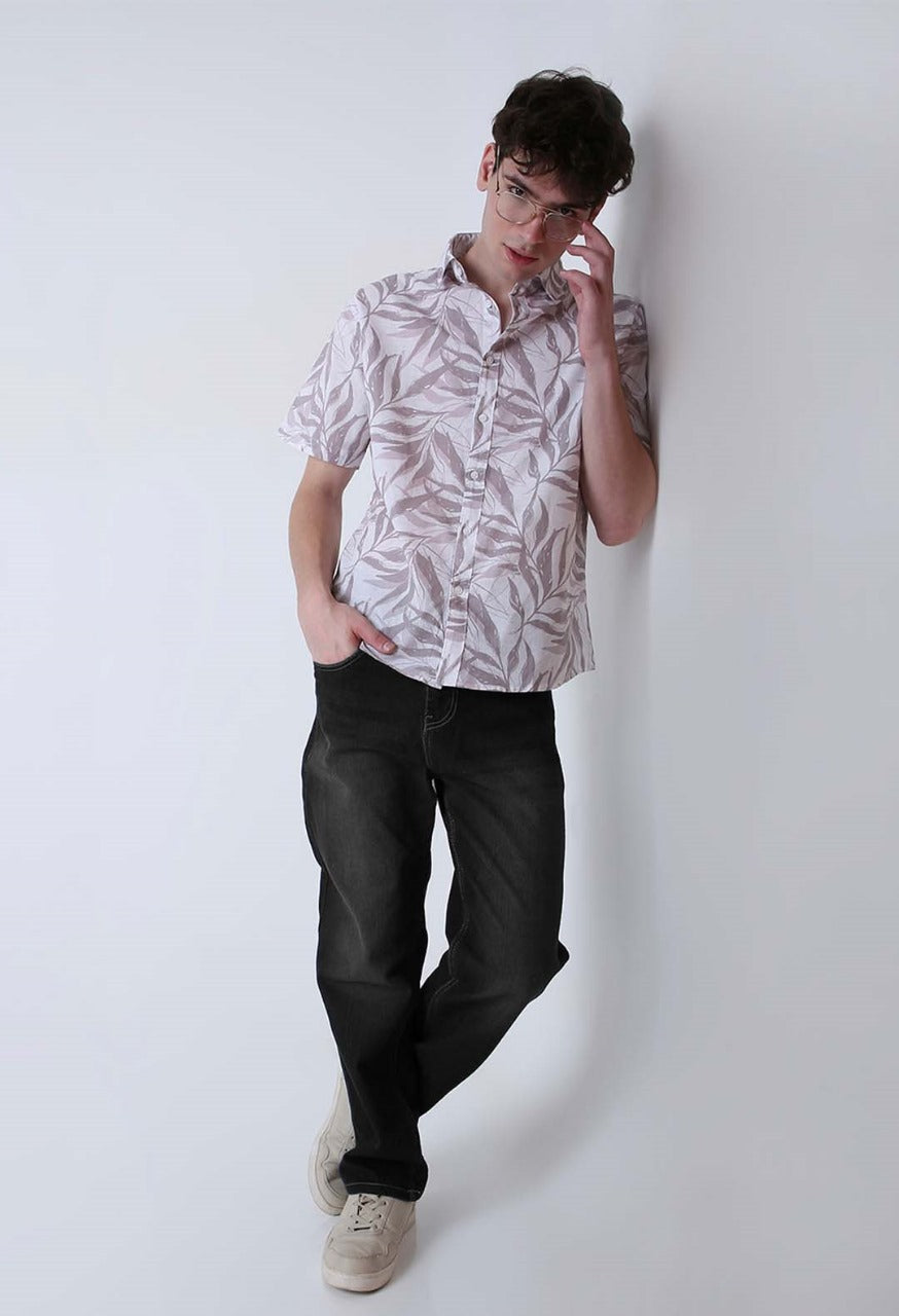 LEAF PRINTED LINEN BLEND SHORT SLEEVE CASUAL SHIRT