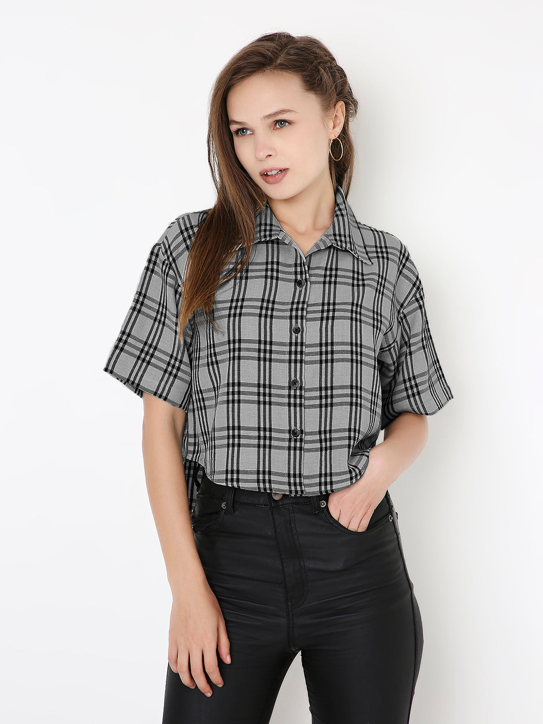 GREY CHECKED CROP SHIRT