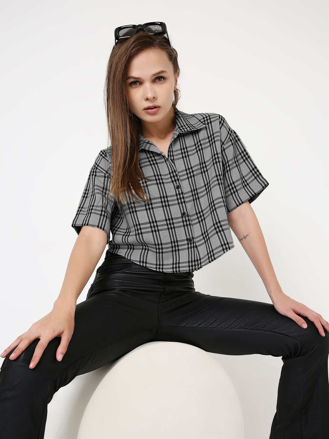 GREY CHECKED CROP SHIRT