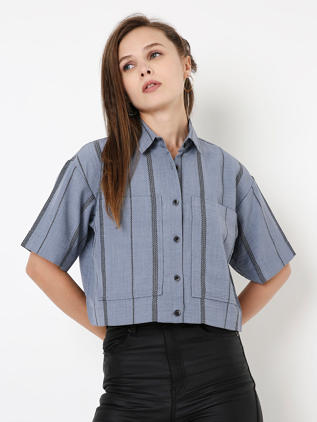 BLUE STRIPED CROPPED SHIRT