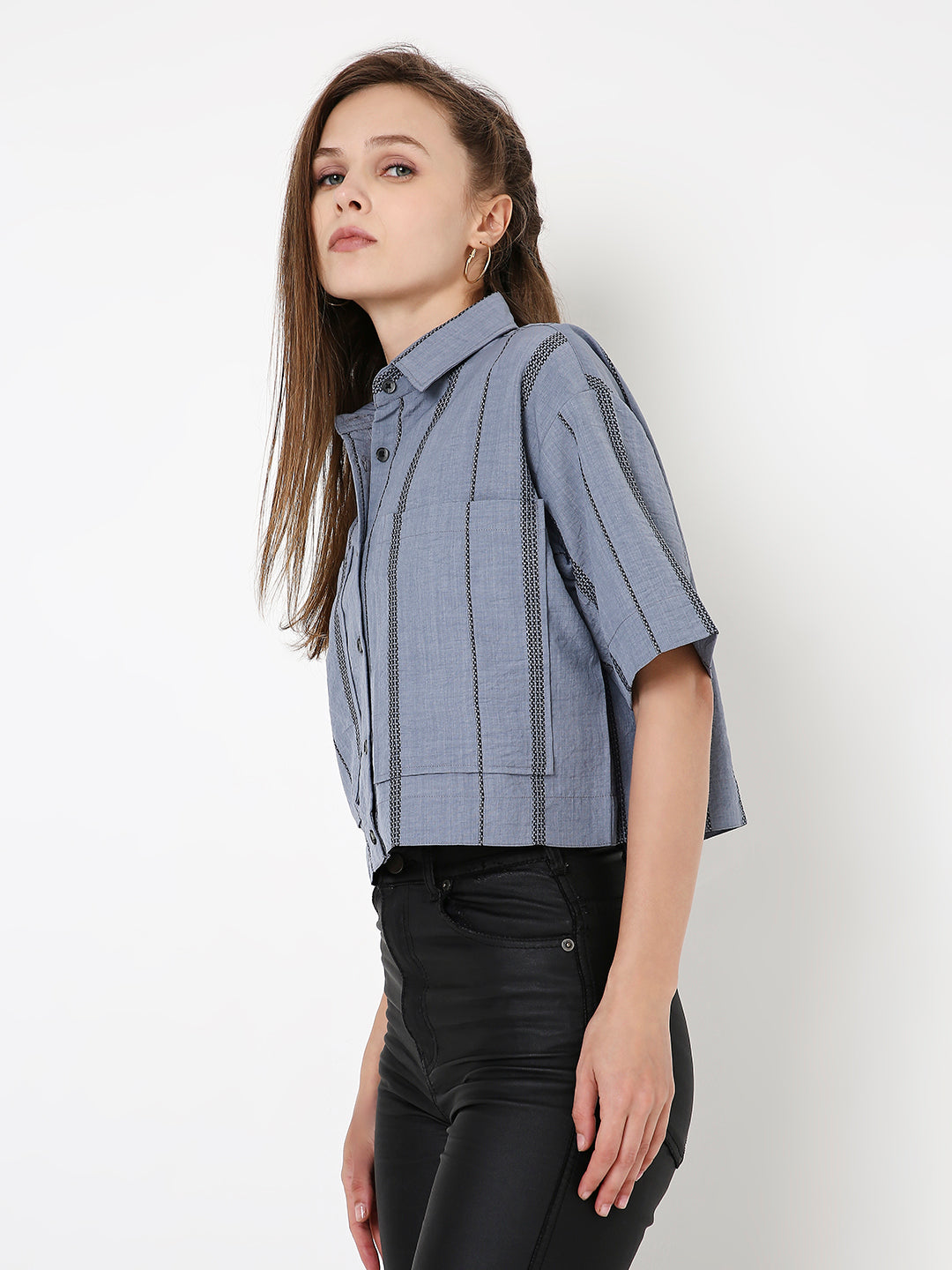 BLUE STRIPED CROPPED SHIRT