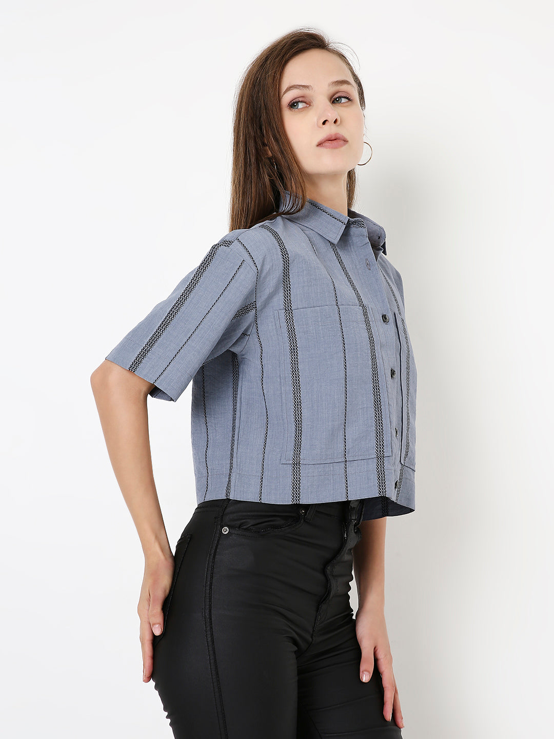 BLUE STRIPED CROPPED SHIRT