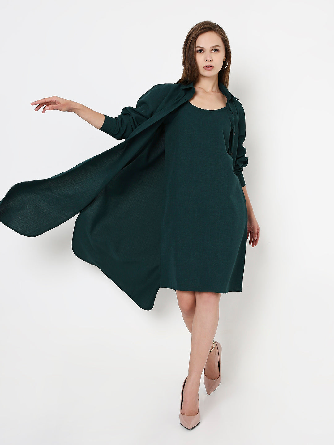 DARK GREEN CO-ORDSET WITH SHIRT & SLEEVELESS DRESS