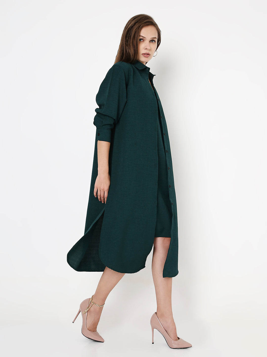 EMERALD GREEN CO-ORDSET SLEEVELESS DRESS & OVERLAY SHIRT