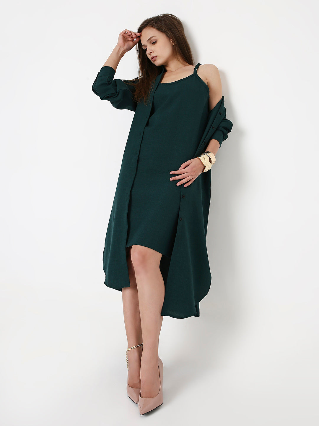 DARK GREEN CO-ORDSET WITH SHIRT & SLEEVELESS DRESS