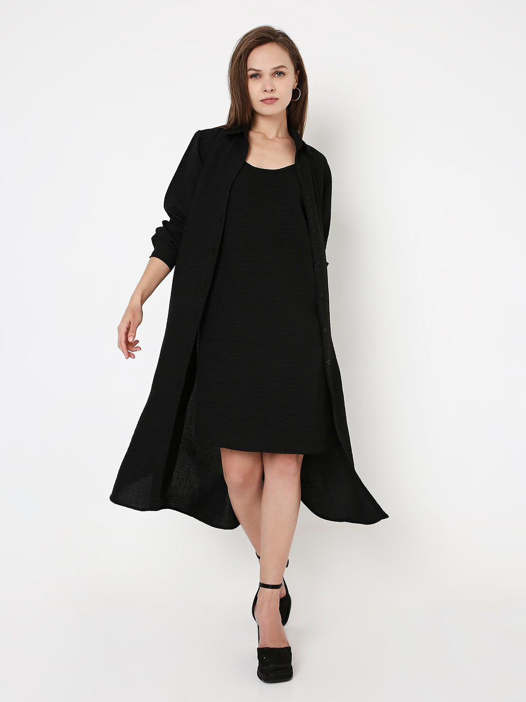 BLACK CO-ORDSET SLEEVELESS DRESS & OVERLAY SHIRT