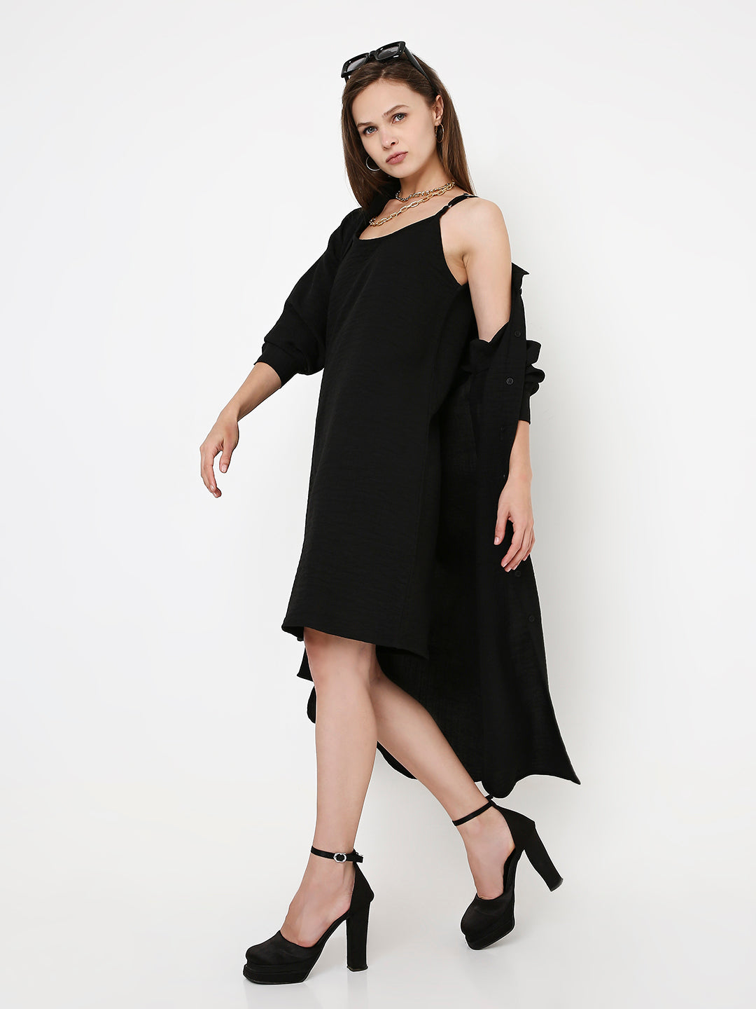 BLACK CO-ORDSET SLEEVELESS DRESS & OVERLAY SHIRT