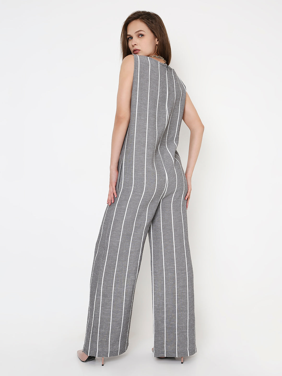 GREY SLEEVELESS STRIPE JUMPSUIT