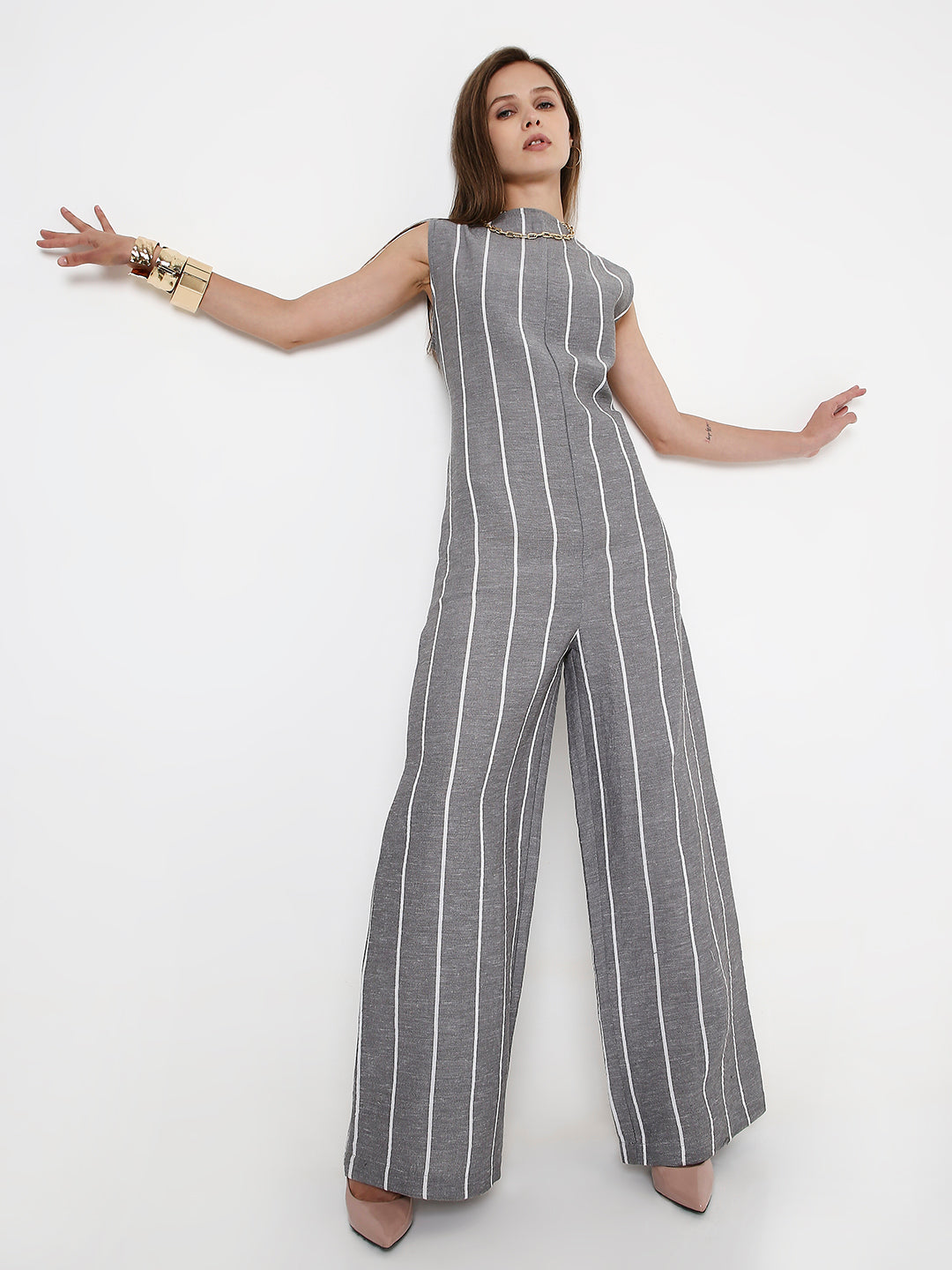 GREY SLEEVELESS STRIPE JUMPSUIT
