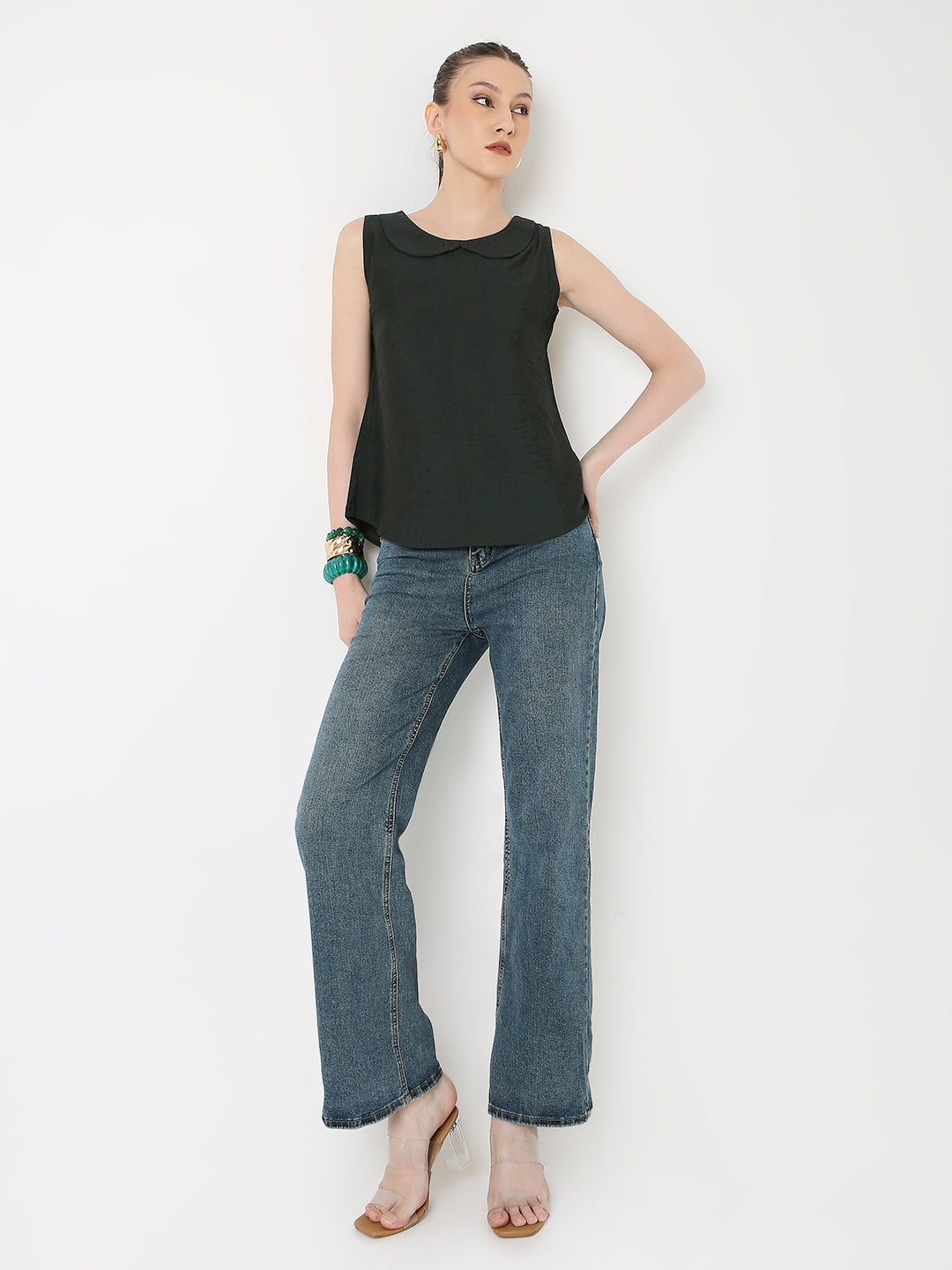 DARK GREEN SLEEVELESS TOP WITH PETER PAN COLLAR
