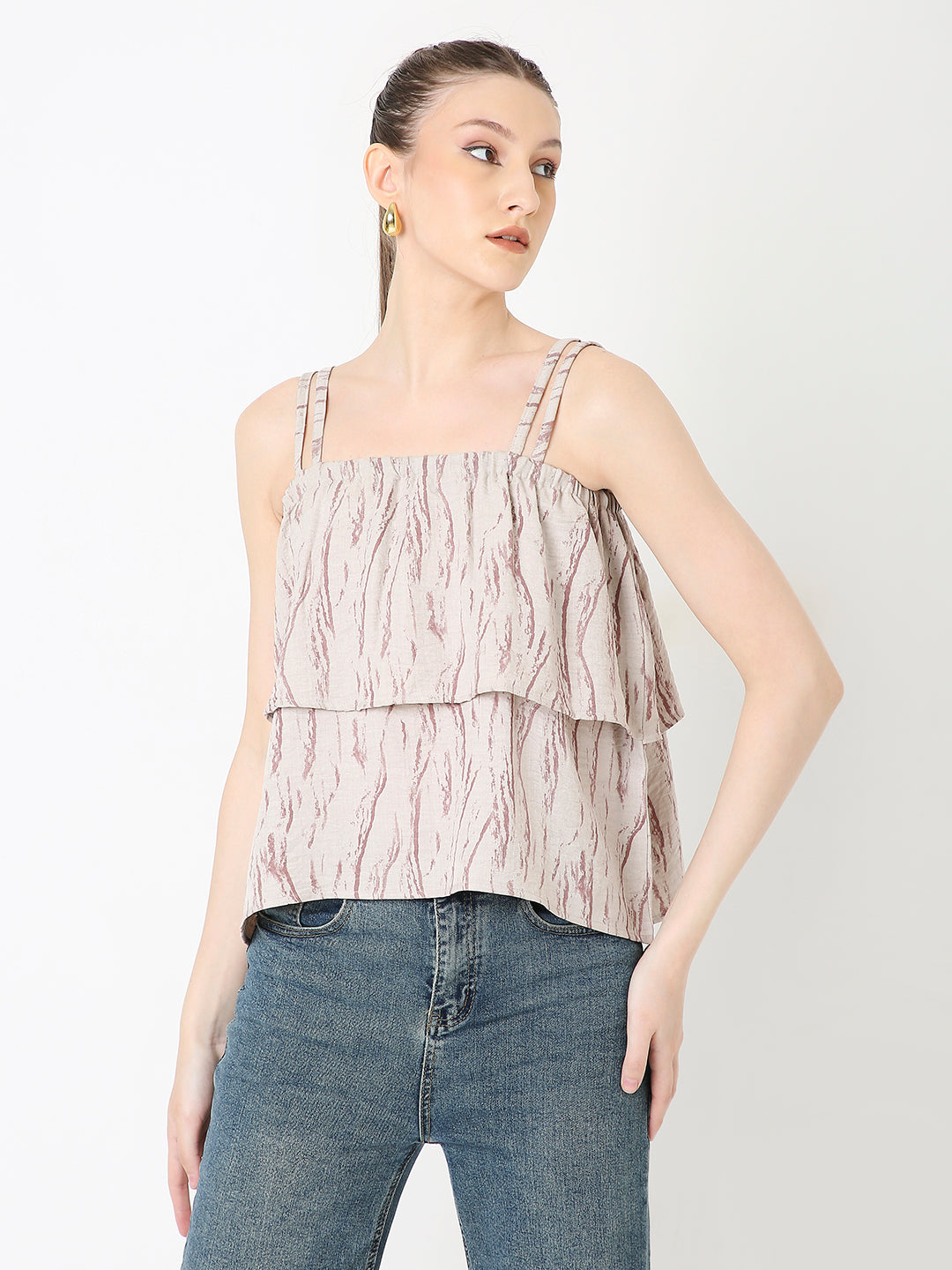BEIGE PRINTED PATTERN DOUBLE STRAP LAYERED TOP