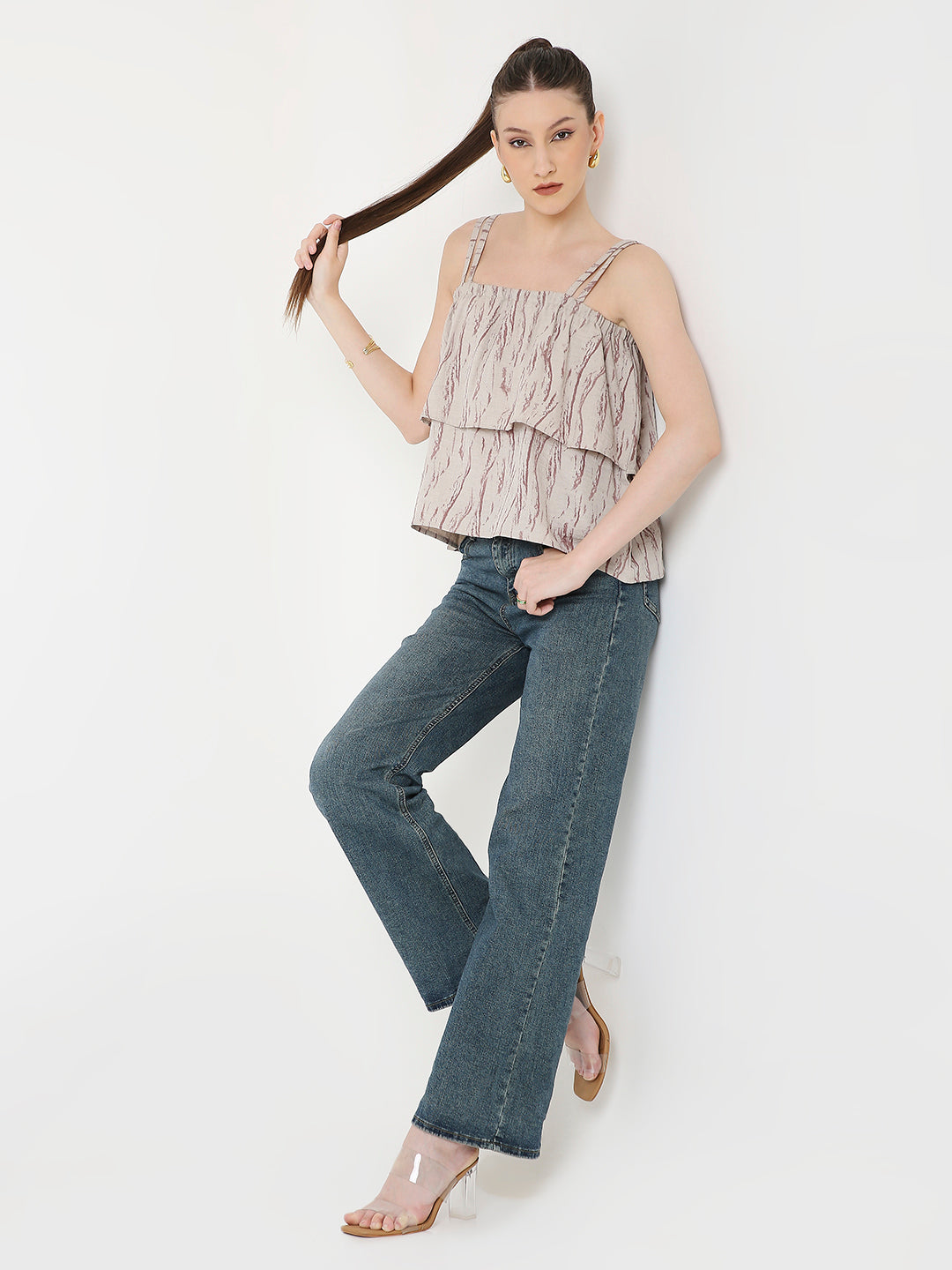 BEIGE PRINTED PATTERN DOUBLE STRAP LAYERED TOP