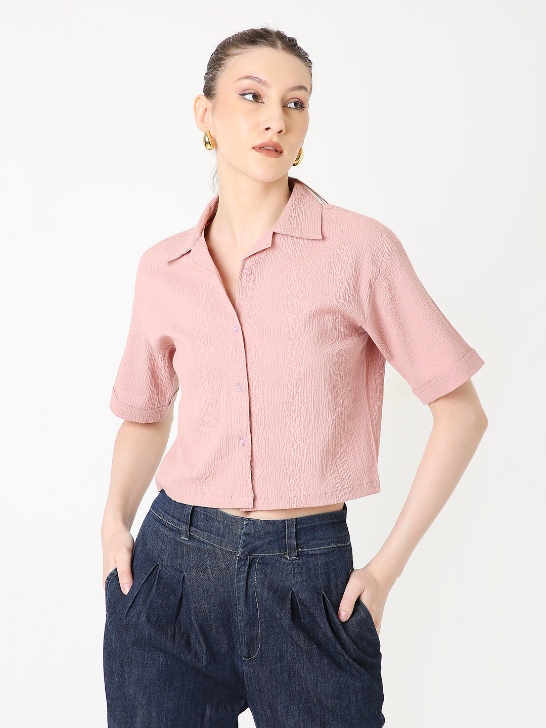 PEACH TEXTURED CROPPED SHIRT