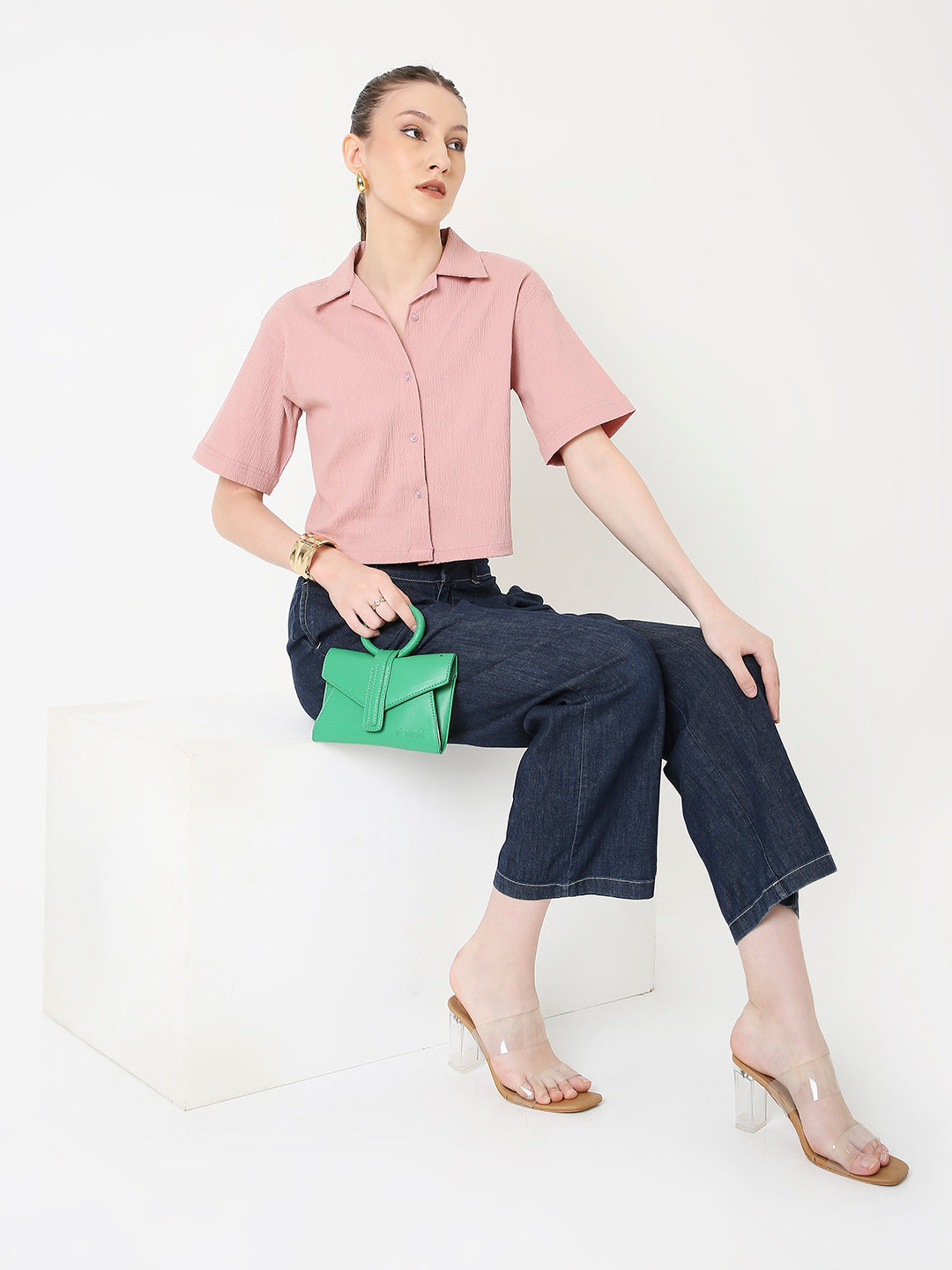 PEACH TEXTURED CROPPED SHIRT