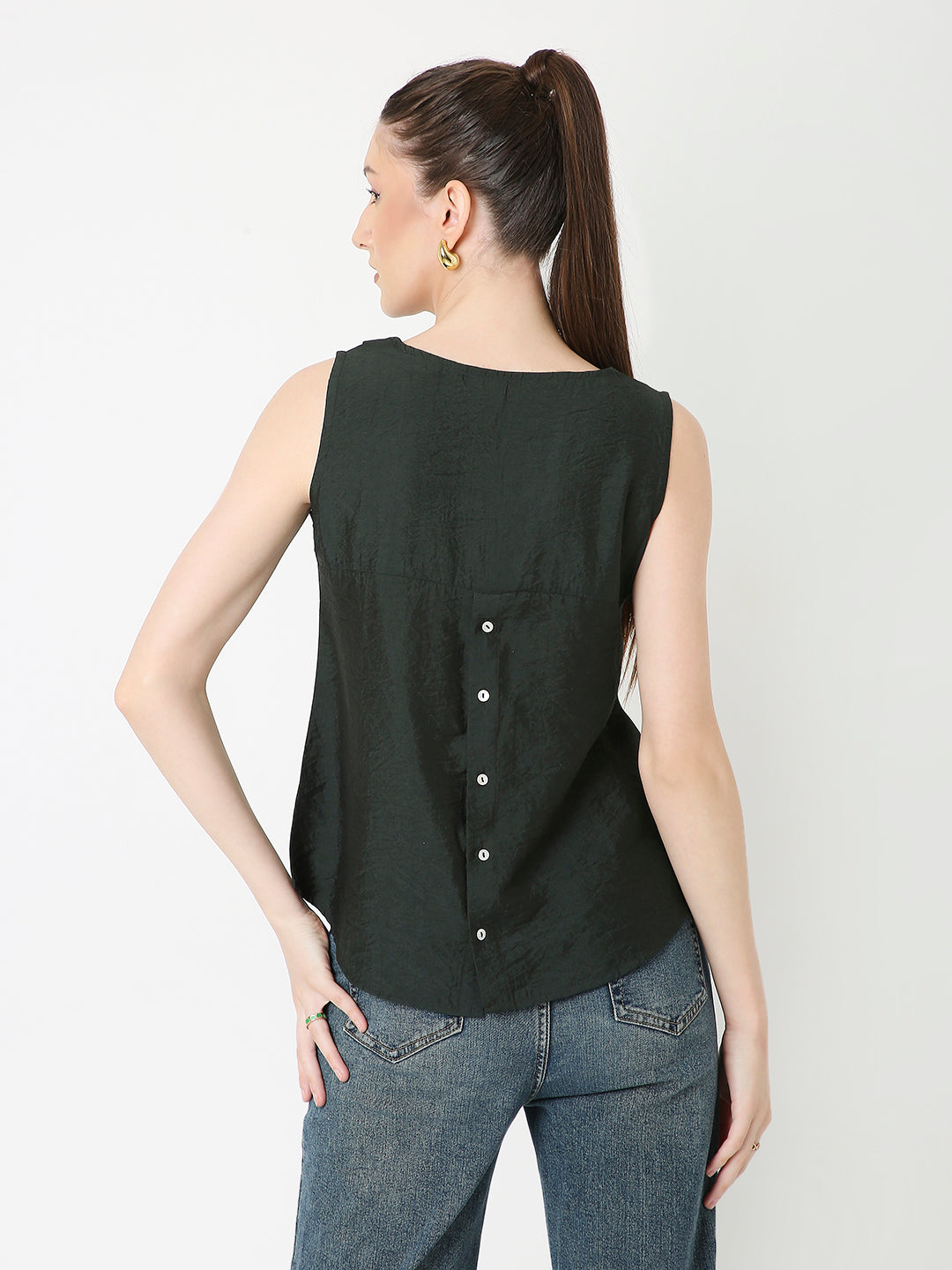 DARK GREEN SLEEVELESS TOP WITH PETER PAN COLLAR