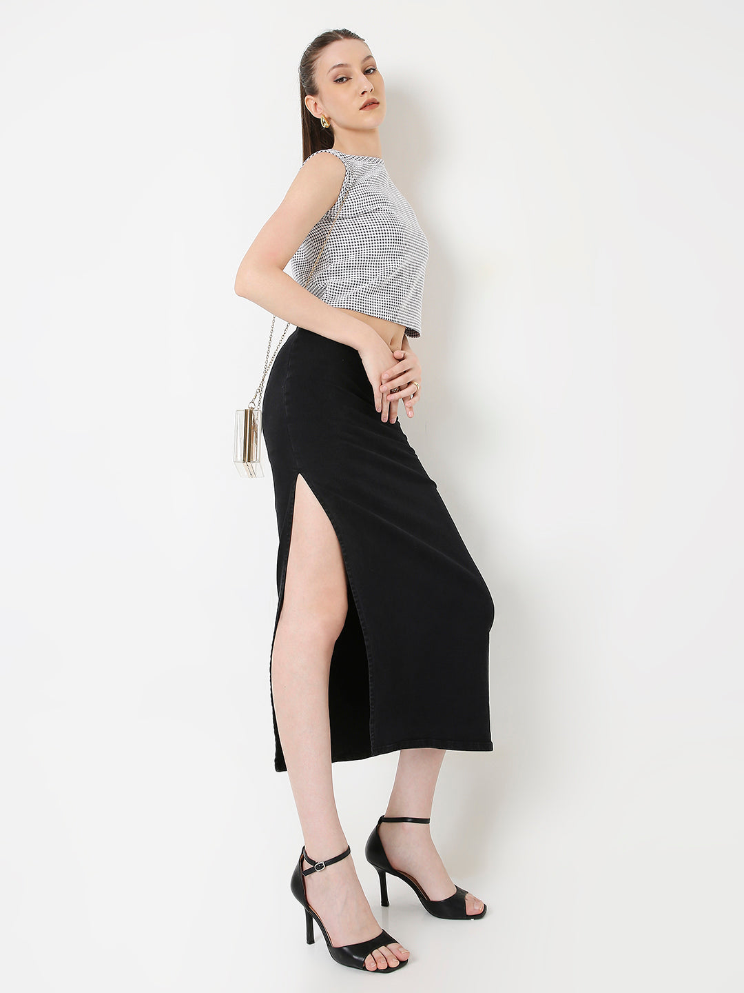 WINE MINIMALIST MICRO-CHECKS SLEEVELESS CROP TOP