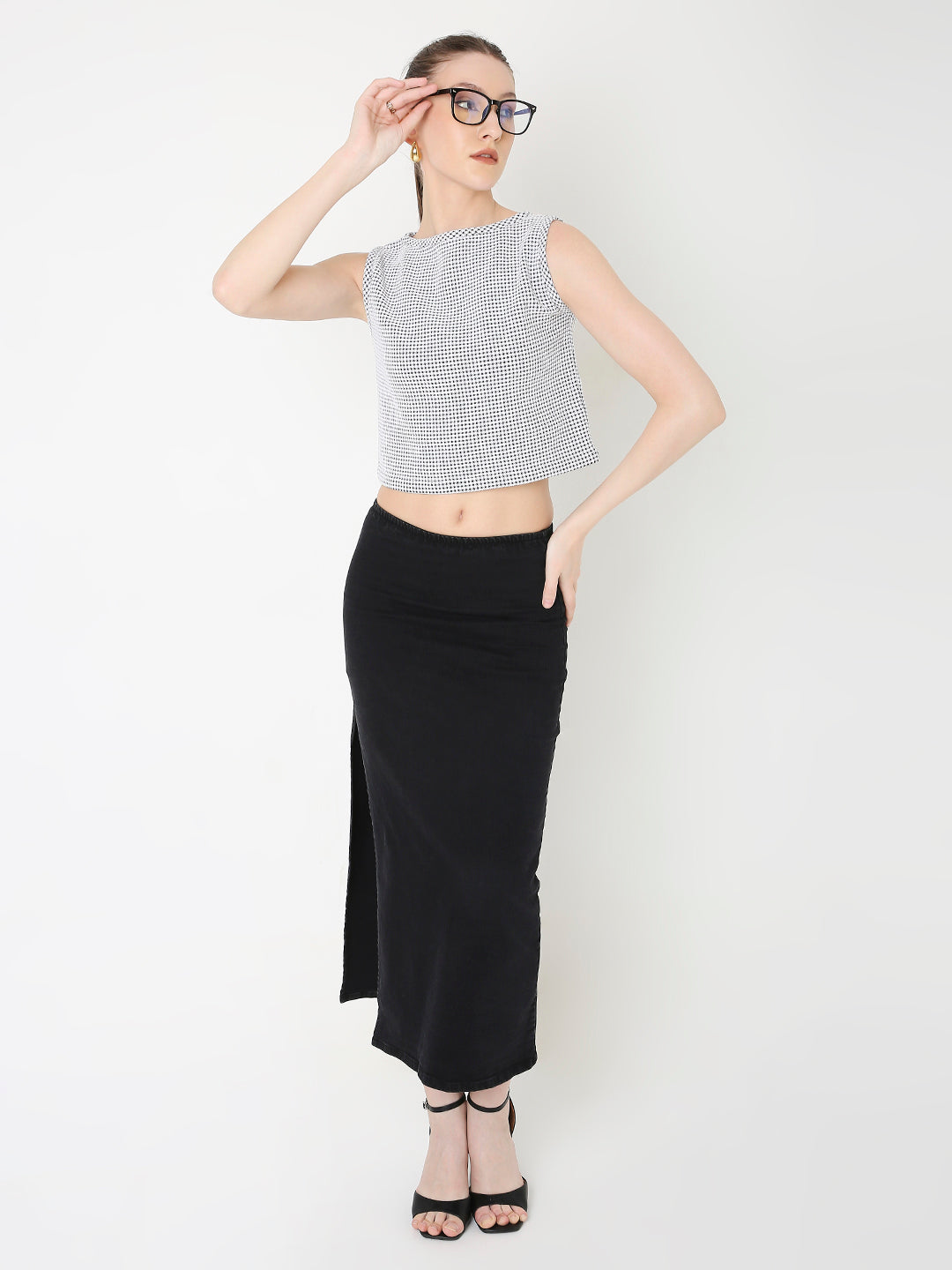 DARK GREY MINIMALIST MICRO-CHECKS SLEEVELESS CROP TOP