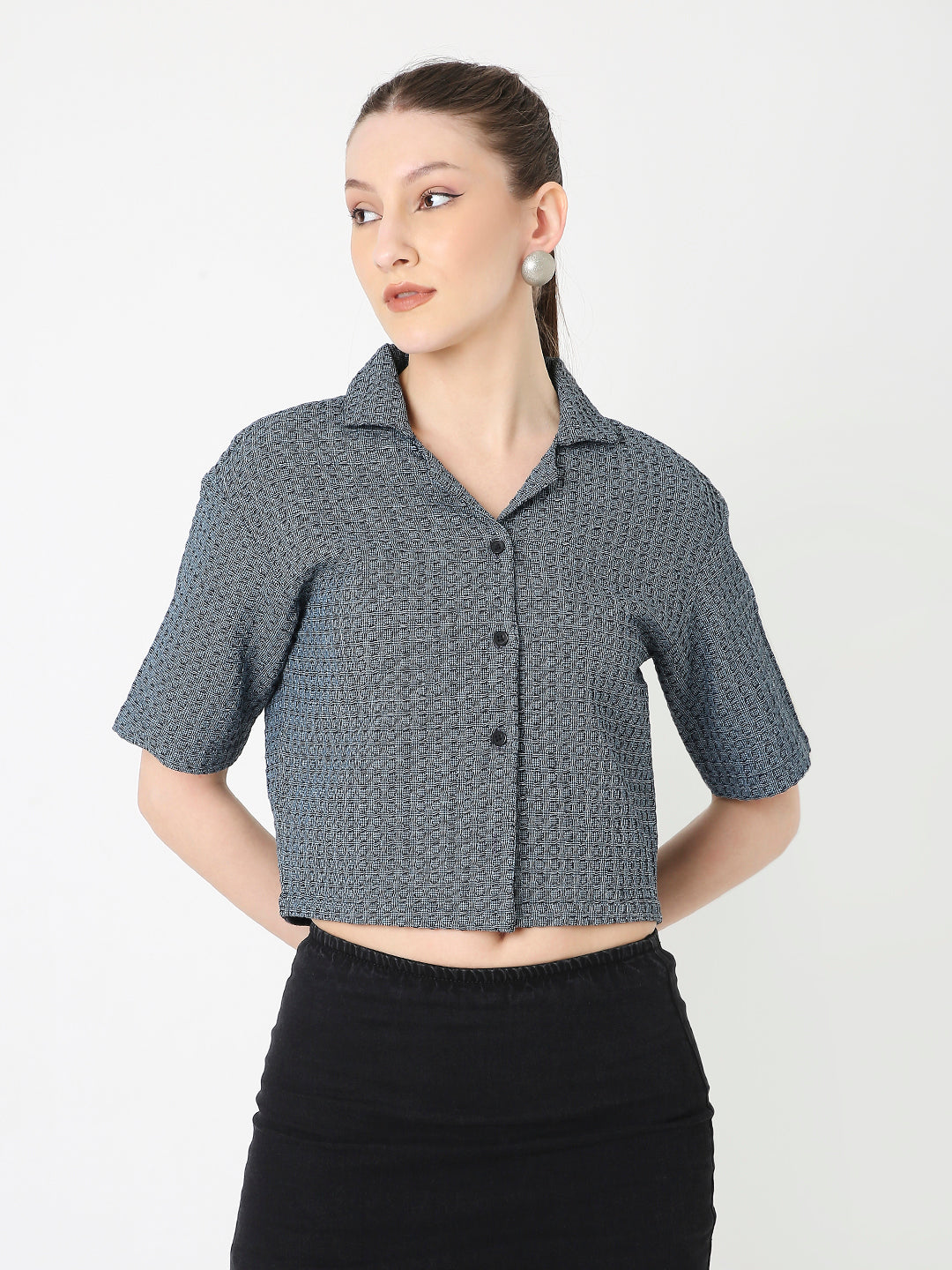 GREY & BLACK TEXTURED CROPPED SHIRT
