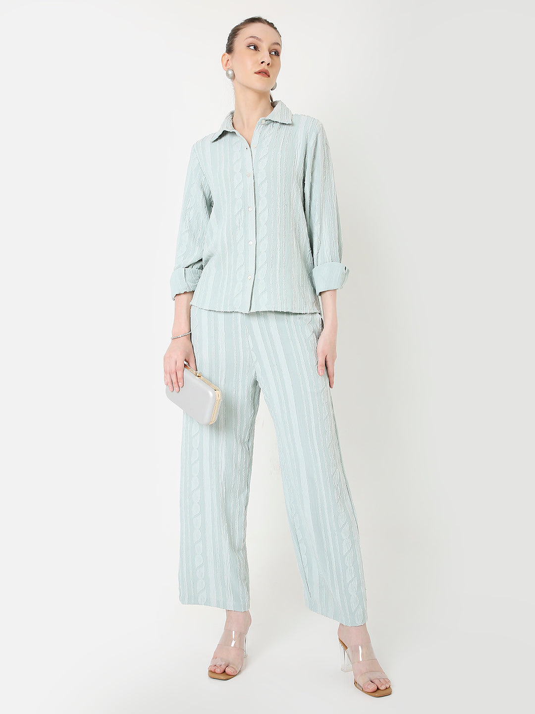 PASTEL GREEN RELAXED STRIPED SHIRT & WIDE-LEG PANTS CO-ORD SET