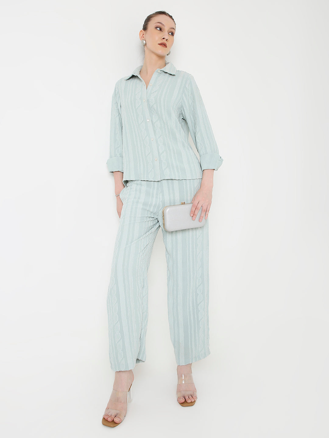 PASTEL GREEN RELAXED STRIPED SHIRT & WIDE-LEG PANTS CO-ORD SET