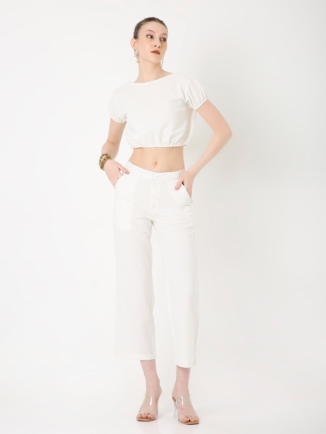 WHITE CROPPED PUFF SLEEVE TOP AND HIGH-WAIST PANT CO-ORD SET