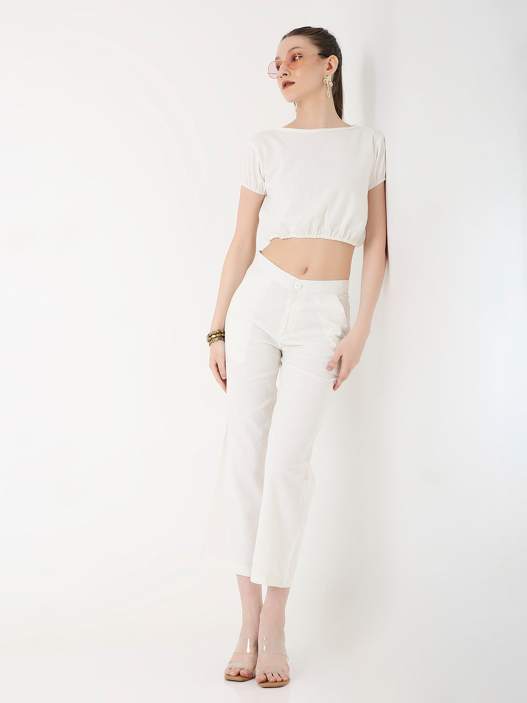 WHITE CROPPED PUFF SLEEVE TOP AND HIGH-WAIST PANT CO-ORD SET