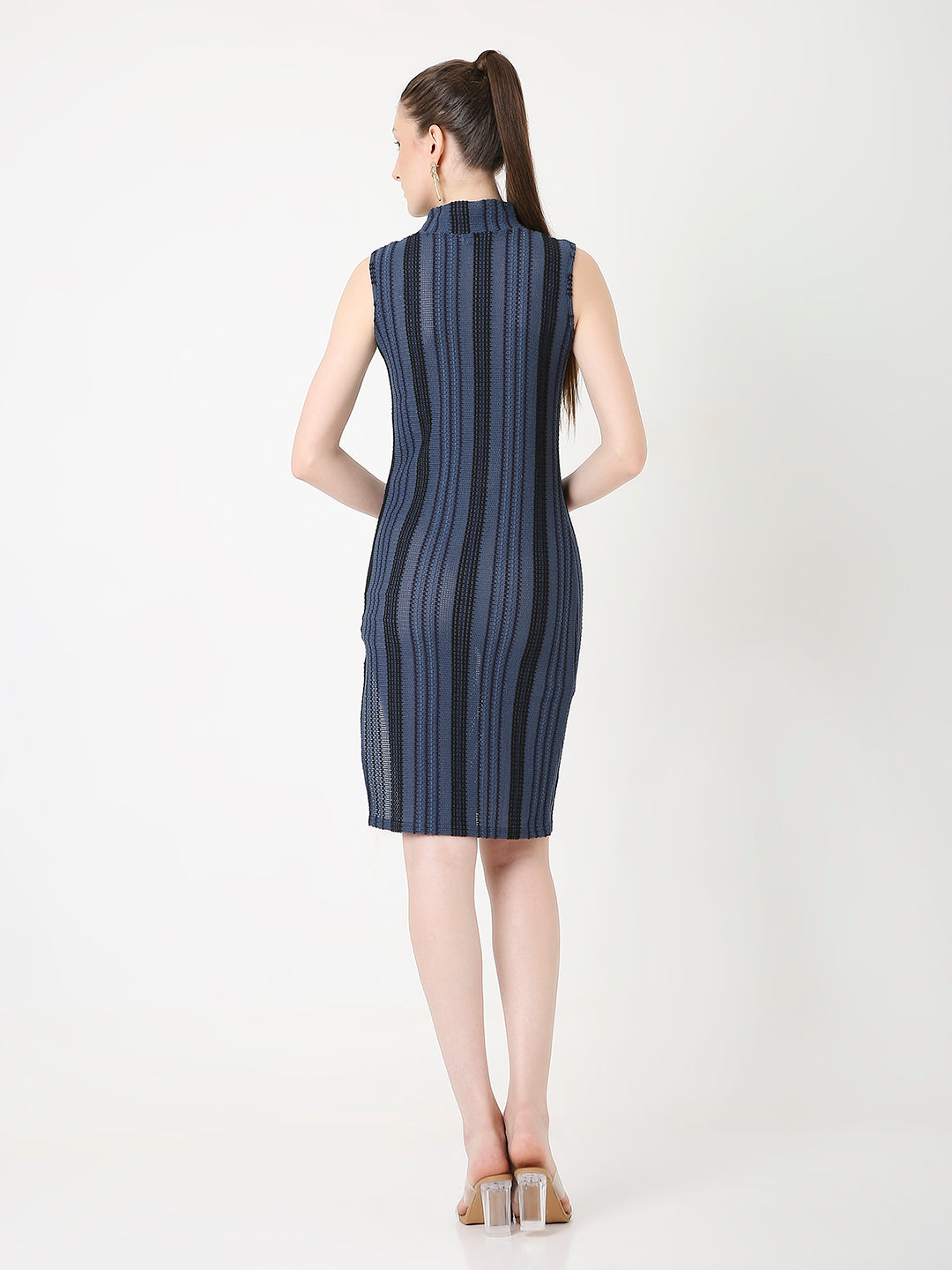 BLUE STRIPED PATTERNED SLEEVELESS HIGH NECK SHORT SLIT DRESS