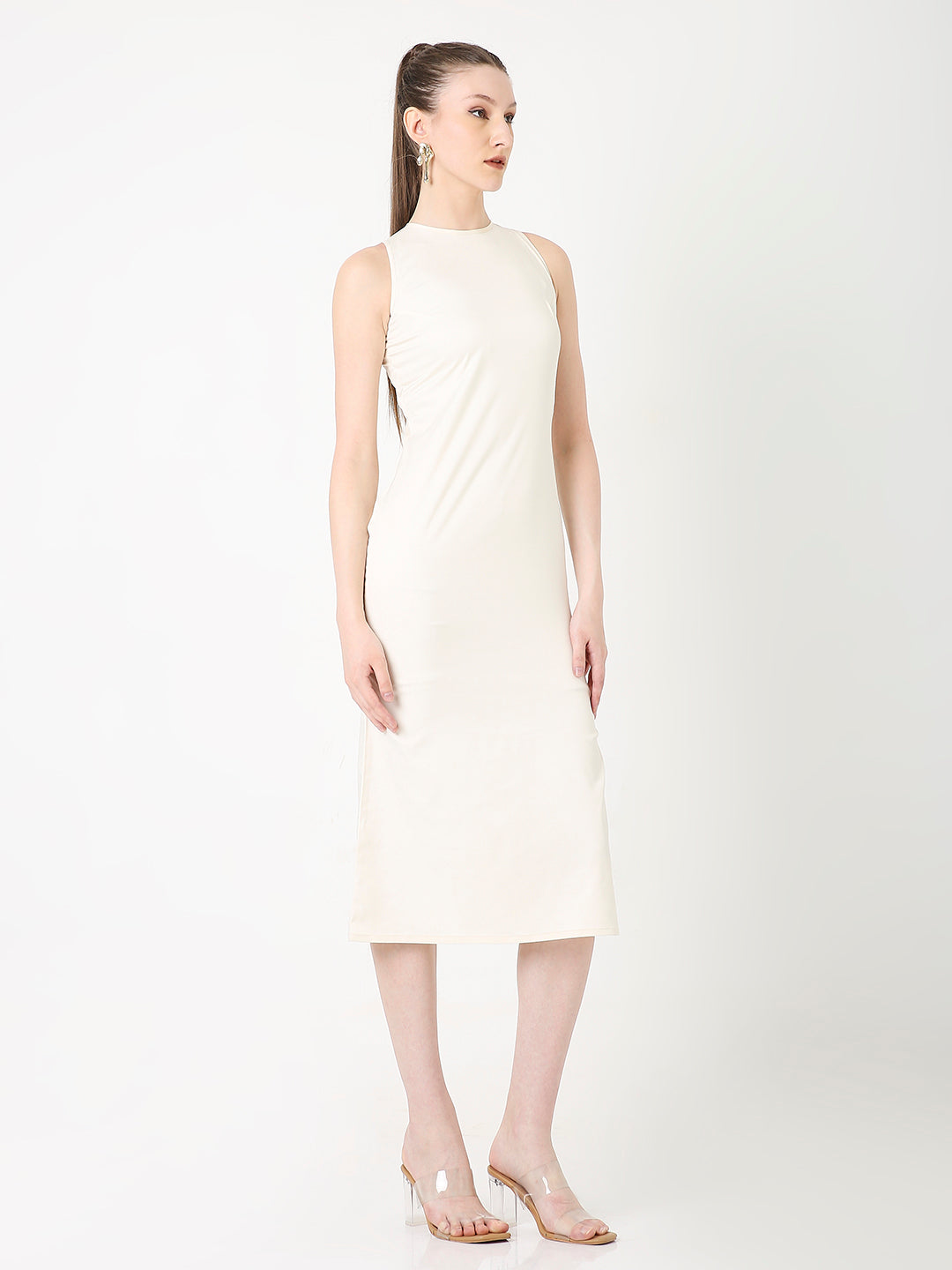 CREAM SATIN SLEEVELESS MIDI DRESS WITH SIDE SLIT