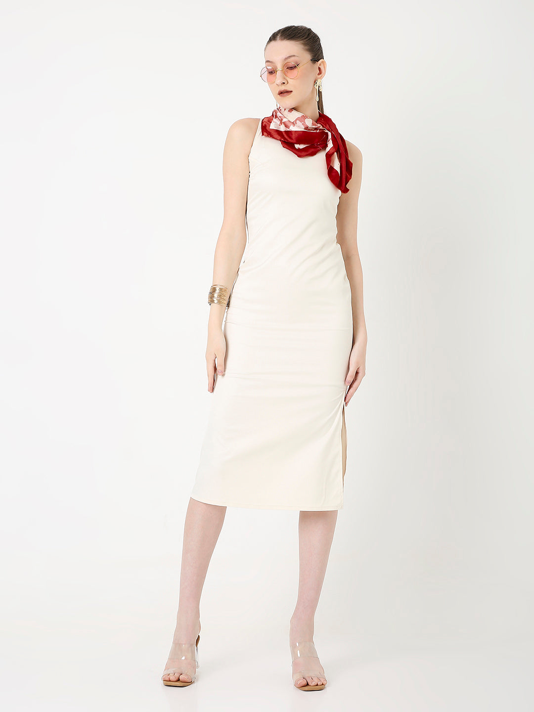 CREAM SATIN SLEEVELESS MIDI DRESS WITH SIDE SLIT